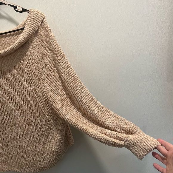 Free People Edessa Pullover Sweater Off the Shoulder Tan Beige Sz S - Picture 9 of 9
